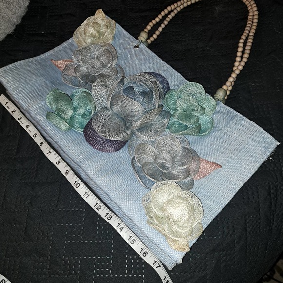 FABULOUS FIND! VERY VINTAGE Dyed Burlap & wooden Bead Handle 1950's - Picture 4 of 7